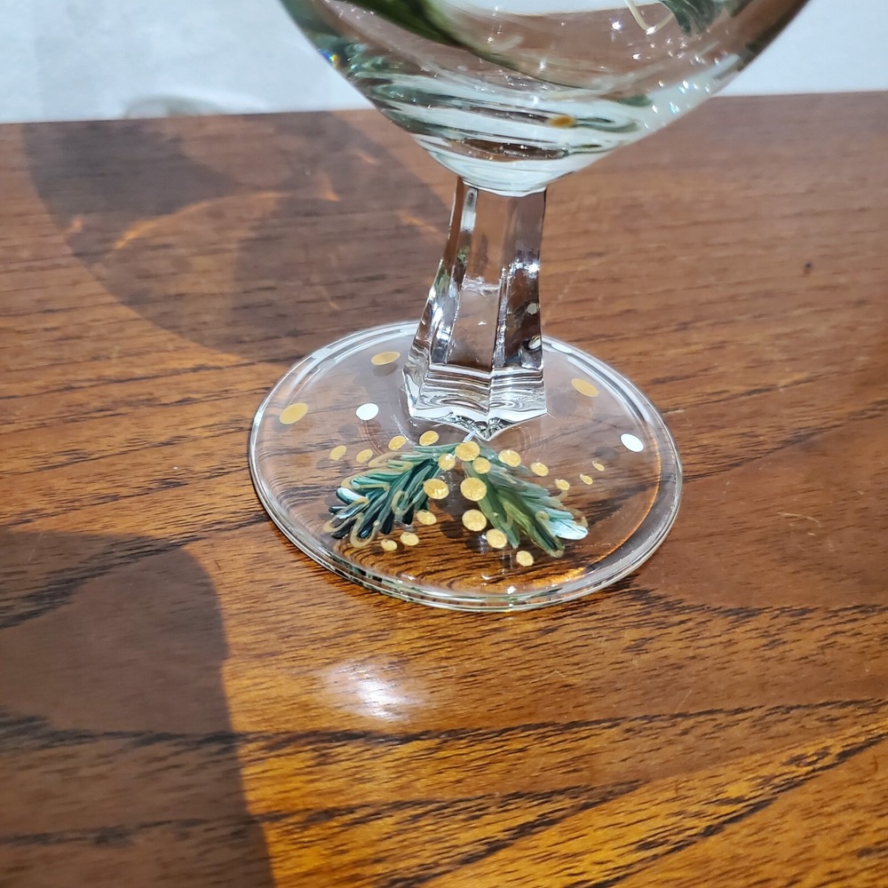 hand painted wine glass pine branch leaves green gold winter holidays handmade - Picture 3 of 4